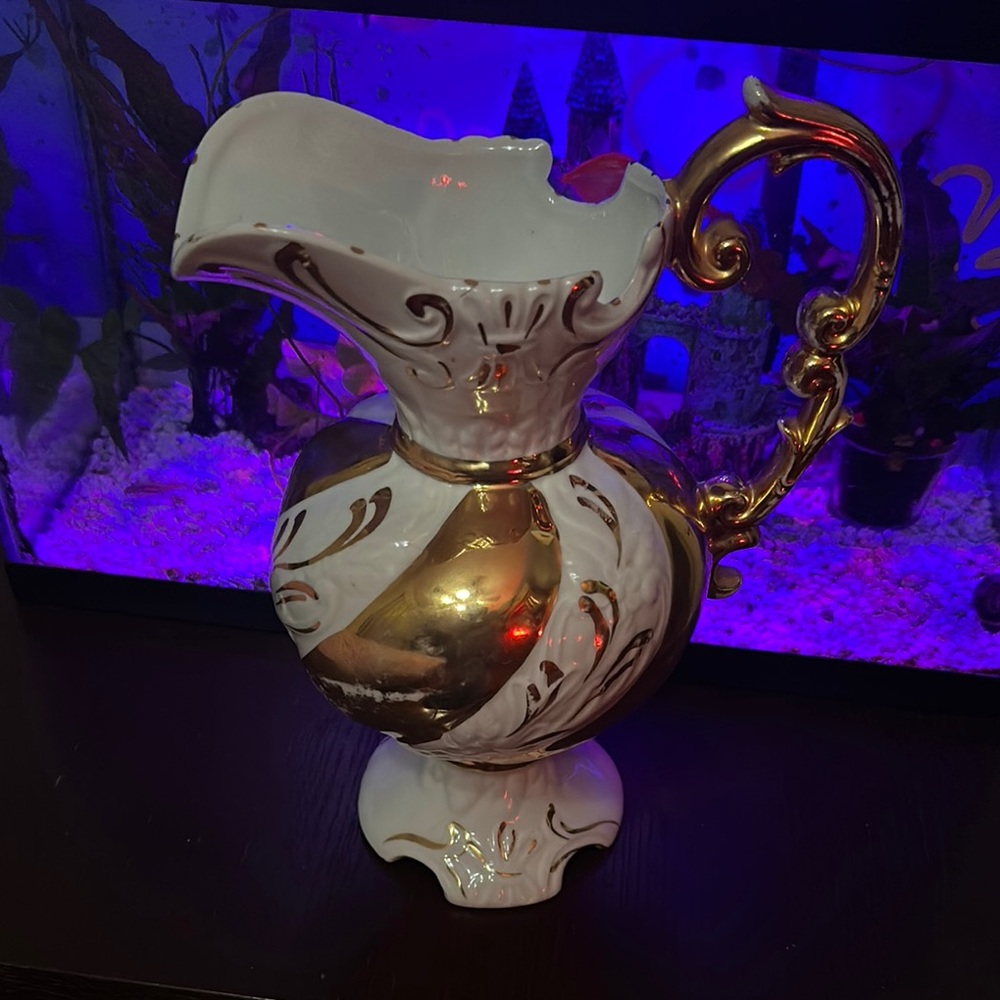 Elegant Gold and White Ceramic Pitcher 1982 Italy